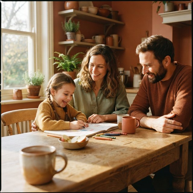 Família reunida à mesa da cozinha, pais e filha desenhando juntos numa manhã de luz quente.